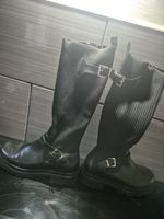 Women's Black Knee High Biker Leather Boots Buckle Zip Chunky Sole UK 6 EU39