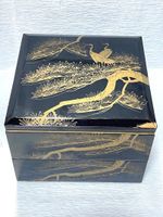Japanese Antique Lacquer Jubako Gold Makie Pine Crane 2 Tier Box