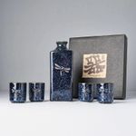 Japanese Blue Dragonfly Ceramic Sake Set – Flask & 4 Cups – Boxed
