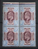 GB 1902 9d slate-purple & ultramarine chalky marginal blk of 4