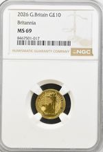 2026 Gold Britannia £10 Coin MS69 NGC 1/10th oz Britain Ten Pound Royal Mint UNC