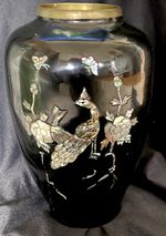 Vintage Large Asian Black Lacquer Vase Mother of Pearl Peacock Flower Brass 10" 