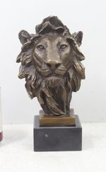 Bronze Sculpture of a Lion's Head - Solid Marble Base - Signed - 22cm High