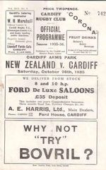 Cardiff v New Zealand  26 Oct 1935 presentation edition RUGBY PROGRAMME