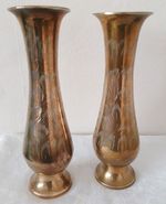 Pair Of Indian Fluted Brass Vases. Etched Feather Pattern Height 20cm Used VGC