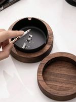 Wooden Ashtray With Lid Stainless Steel Liner Windproof Tabletop Cigarettes Tray