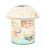 MABEL LUCY ATTWELL'S 'FAIRY HOUSE' BISCUIT & MONEY BOX TOADSTOOL TIN 1930s