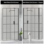 Matt Black Grid Walk In Wet Room Shower Enclosure Screen Flipper Glass Panel