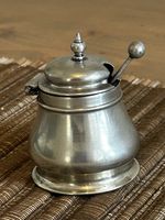 Antique EPNS Silver Plate Mustard Pot with Lid, Blue Glass Liner & Spoon VGC