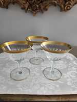 Vintage Czech Hand Cut Crystal Champagne Glasses w/exquisite gold rim. Set of 3