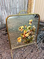Brass Finish Metal & Glass Fireplace Fire Screen Floral Panel Handle Feet