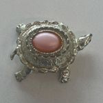 Silver Tone Metal Turtle Hinged Decorative Box with Pink Accent