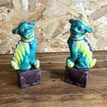 Pair of Colourful Chinese Foo Dog Dragons on Plinth, Rare Vintage, Height: 16cm