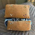 2x Small Fabric Pin Cushions Tan Corduroy Style Top Blue Ruffle Base