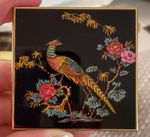 Vintage Gold Tone Compact Mirror Black Enamel Pheasant Bird Floral Design