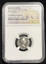 Roman Empire Marcus Aurelius, AD 161-180 AR Denarius Colosseum Collection NGC