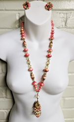 VTG Gradient Pink Faux Pearls AB Crystals Ornate Tasseled Necklace Clip Earrings