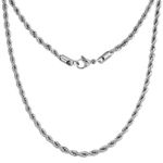 Mens Chain Necklace Silver - 4mm Rope Twist Links - Real Stainless Steel Hip Hop