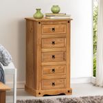 Corona Chest of Drawers 5 Drawer Narrow Mexican Solid Wood Pine Wooden Mercers