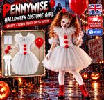 Pennywise Halloween Costume Girl Creepy Carnival Fancy Kids Dress up Party 3-10Y