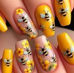 24PCS Medium Long Press On Nails Flower Butterfly Bee Spring Summer Fake Nails