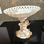 White & Gold Glossy Ceramic Cherub Angel Pedestal Centrepiece Bowl