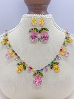 Colourful Cubic Zirconia Floral Teardrop Necklace & Earrings Set Wedding Party