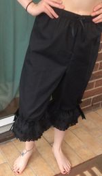Black long legged bloomers edged with 4 rows of Broderie Anglaise cotton lace