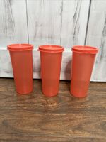 Tupperware Vintage 12 oz Sheer Stacking Pink Cups Tumbler Set 3 w/ Lids 6379A