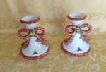PAIR OF FITZ & FLOYD CHRISTMAS HOLIDAY RED BOW CANDLE HOLDERS