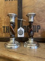 1929 Barley Twist Oak and Sterling Silver Candlesticks James Dixon & Sons