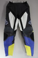 SHOEI BLACK/WHITE/BLUE/YELLOW LEATHER BIKER TROUSERS + ARMOUR: WAIST 34"/LEG 32"