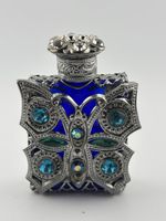 Vintage Cobalt Blue Czech Glass Perfume Bottle Butterfly Paste Stone Silver Cage