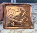 Arts And Crafts Copper Newlyn Galleon Ship Design Pin Tray Antique C1900