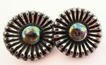 ​Vintage Czech Black Glass Buttons Pair Sunburst Silver Lustre Iridescent 23mm