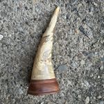 Asian Decorated Polished Cow Horn with Handcrafted Dragon Art Wood Base 11 inch