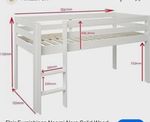 White Wooden Mid Sleeper Single Bed Frame with Ladder, Slats & Guardrails