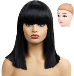 15.7 Inch/40 Cm Straight Black Wigs with Bangs,Short Synthetic Hair Bobs Wig for