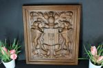 Antique wood carved wall panel coat of arms knight mythological dragons rare 
