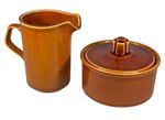 Vintage Mid Century Modern Brown Glazed Stoneware Creamer & Sugar Set with Lid