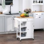 Kitchen Storage Trolley Cart Unit w/ Wood Top Shelves Cupboard Drawer Rail White
