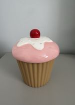 Vintage Style Pink Ceramic Cupcake with Cherry Shaped Biscuit Tin Cookie Jar