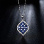 Blue Sapphire Cluster Pendant Necklace Diamond 14K White Gold Finish 18" Chain