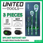 3PC (1/4" 3/8" 1/2") 90 Tooth Ratchet Set With Straight Metal Handles