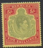 Bermuda Stamps 1943 5/-bluish  green & carmine/yellow P14 SG118d MNH CV £100