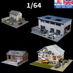 Diorama 1/64 Car Parking Lot Model LED Lights Repair Workshop Garage Scene Model