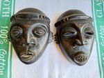 VINTAGE PAIR OF AFRICAN TRIBAL HAND CARVED WOODEN MASKS . M4340 .