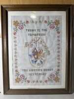 Vintage Hand Stitched Cross Stitch Sampler Framed Floral Cottage Motivational