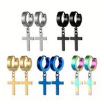 Mens Stainless Steel Hoop Earrings with Cross Pair Gold Silver Black Blue New
