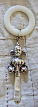 Vintage sterling silver baby rattle clown & bells 1973 Birmingham Crisford & N